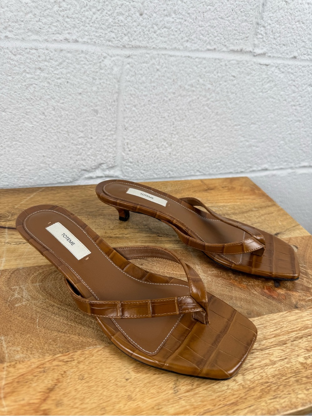 TOTEME Croc Embossed Leather Kitten Heel Flip Flop Sandals Brown EU 37 US 7